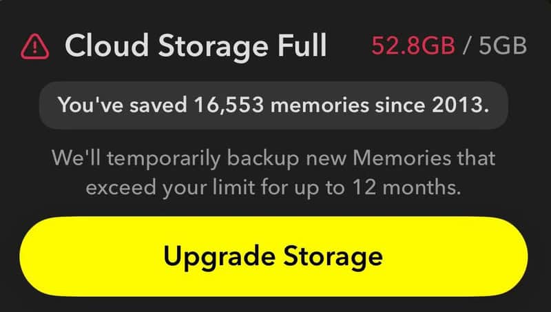 Cloud storage full warning with 52.8GB used out of 5GB, upgrade prompt.
