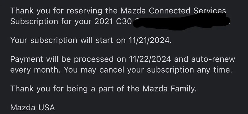 Mazda subscription confirmation message for 2021 C30 with details and dates.