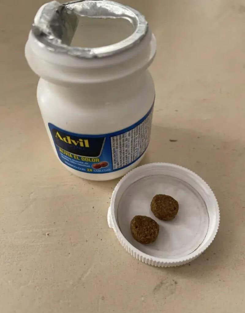 Container of Advil with two brown pills in the cap.