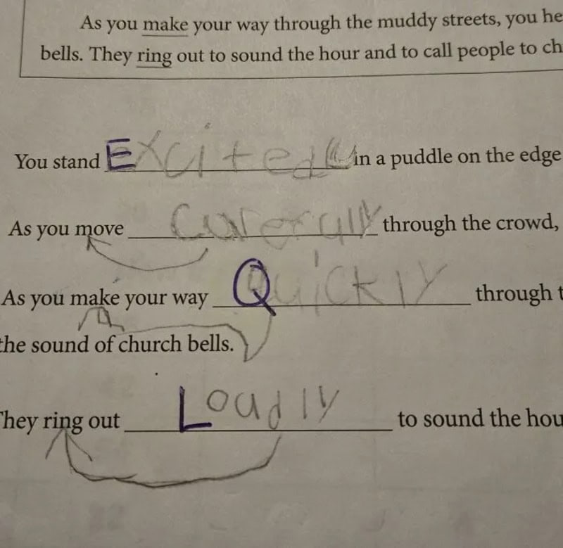 Handwritten notes on a worksheet with corrections and arrows pointing to words.