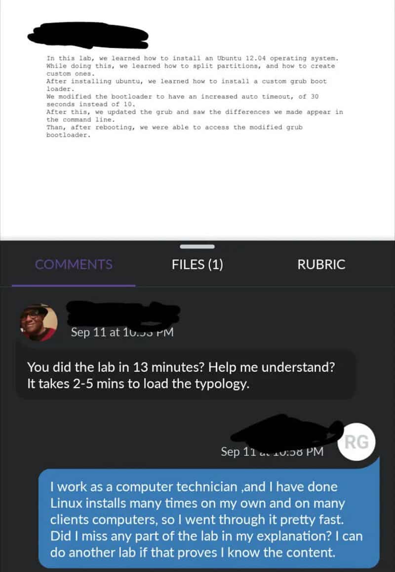 Screenshot of a computer screen showing a lab report and a comment about Linux installs.
