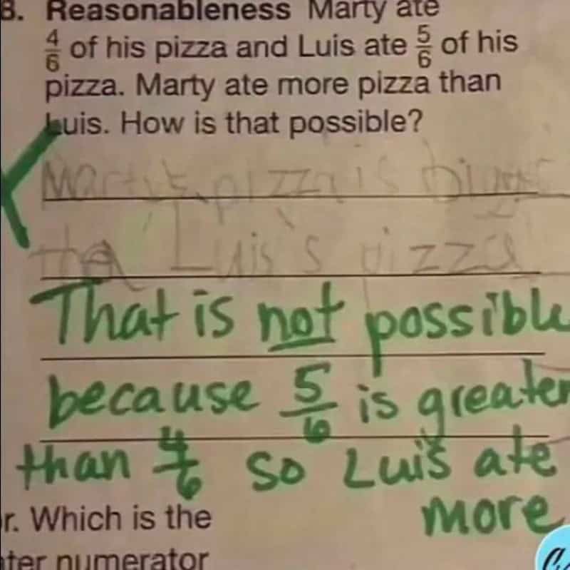 Student's handwritten answer to a math problem about pizza slices.