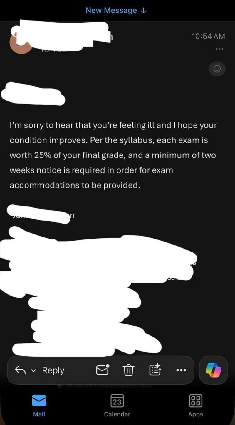 Text message about exam policy and health wishes.