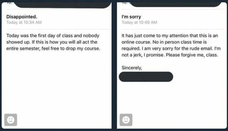 Disappointed student message and apology email from teacher.