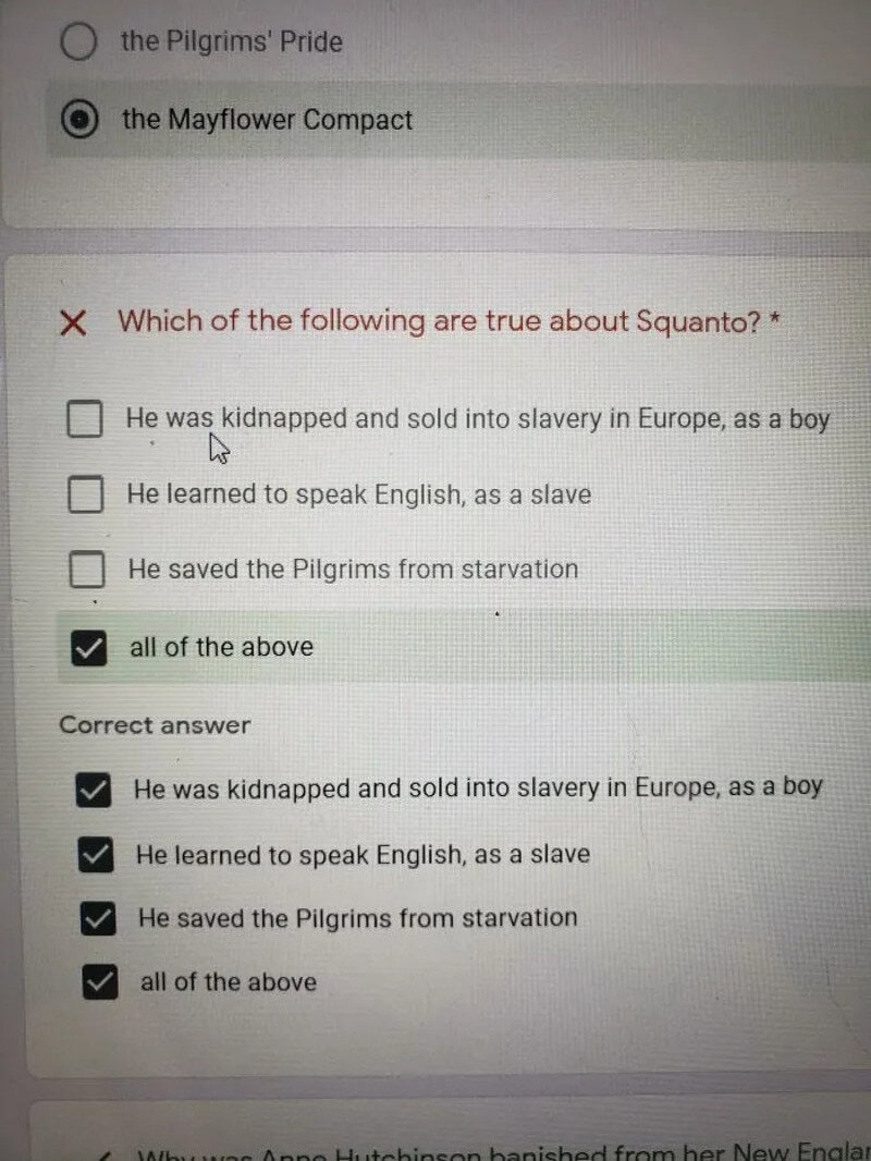Quiz question about Squanto with multiple choice answers and correct options marked.
