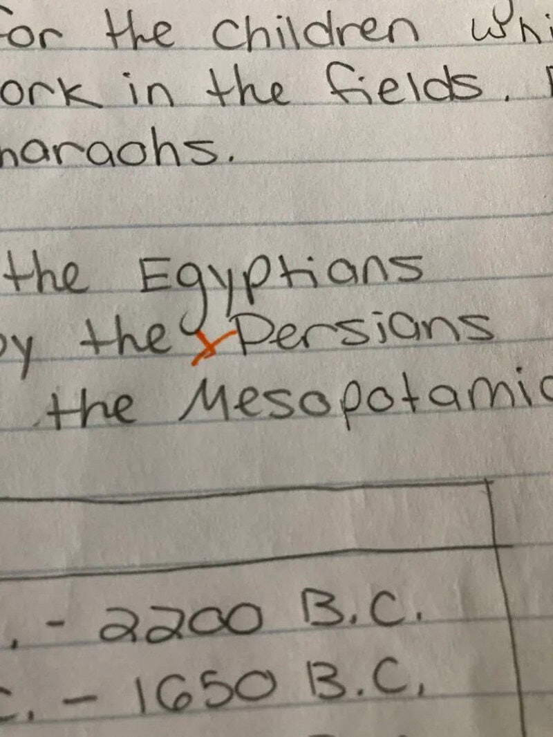 Handwritten notes about Egyptians, Persians, and Mesopotamians with a red X mark.