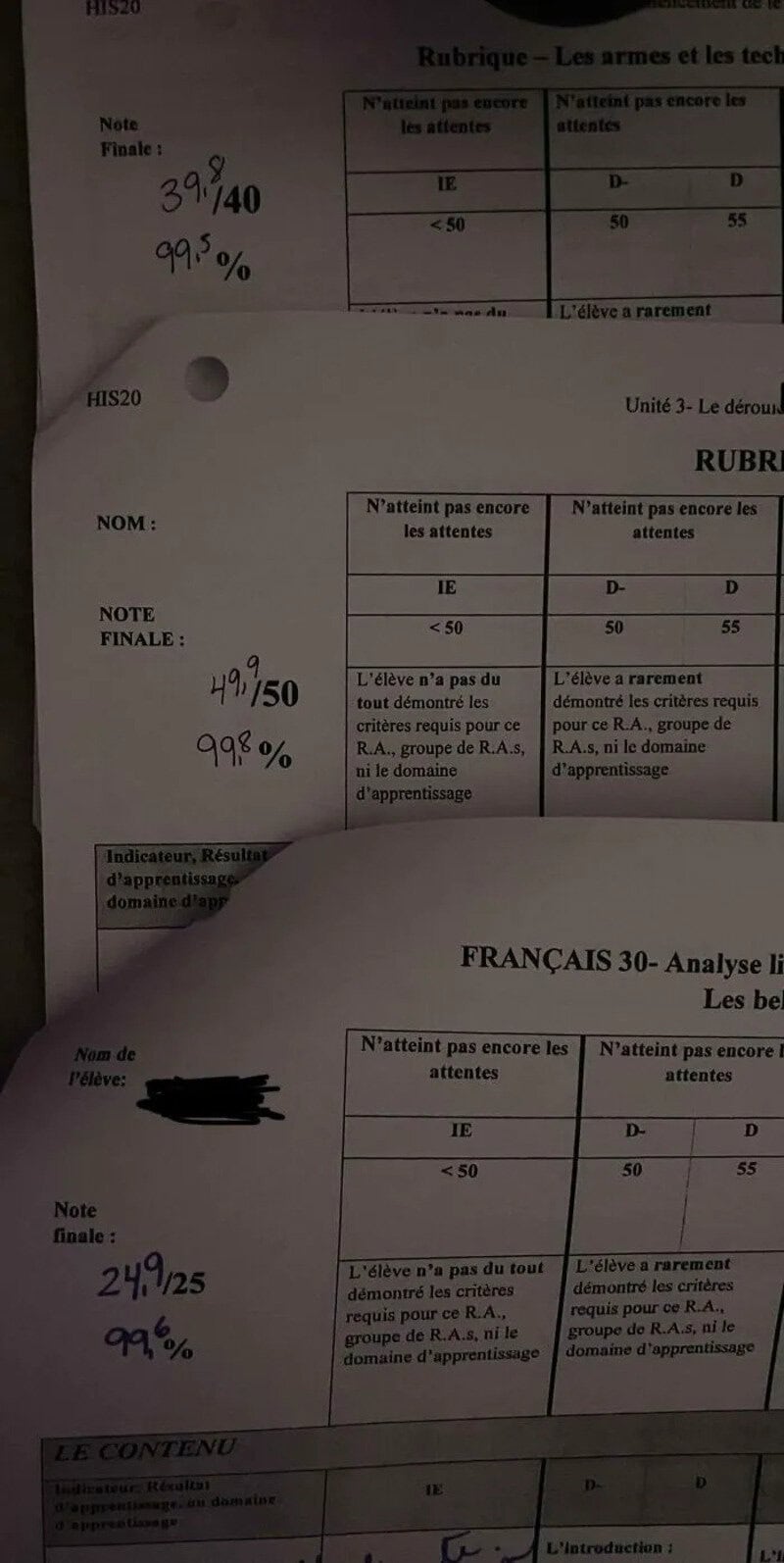 Exam papers with scores and comments in French, showing 39/40, 49/50, and 24/25.