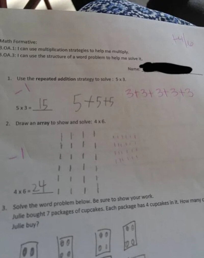 Math worksheet with addition, array drawing, and word problem, partially completed.