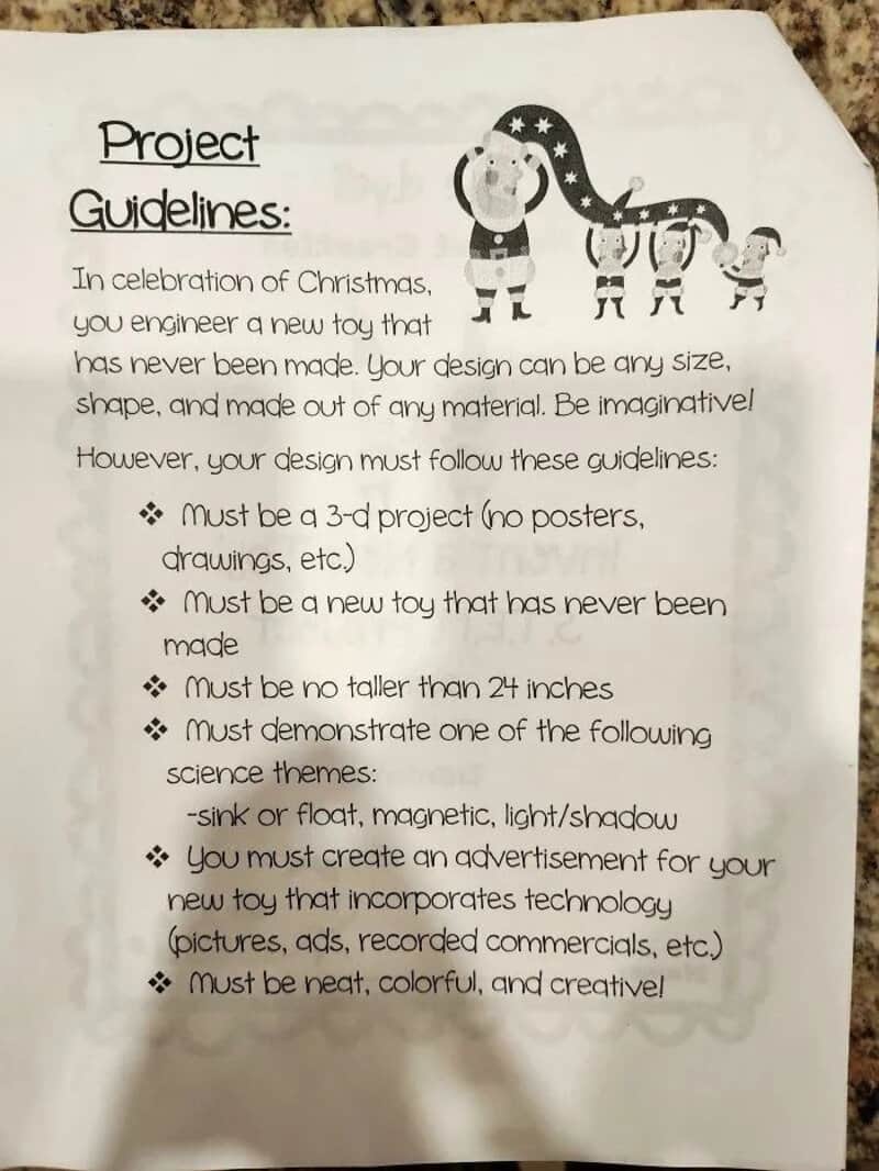 Project Guidelines for Christmas toy design with science themes and creative requirements.