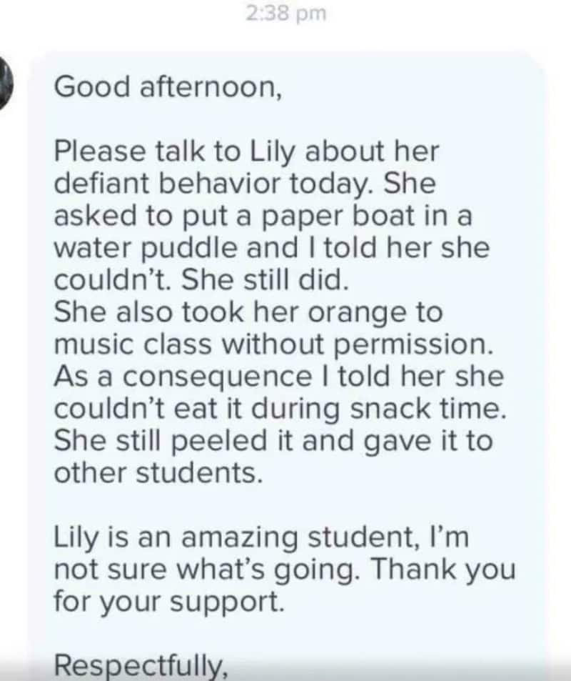 Message about Lily's defiant behavior in class and teacher’s actions.