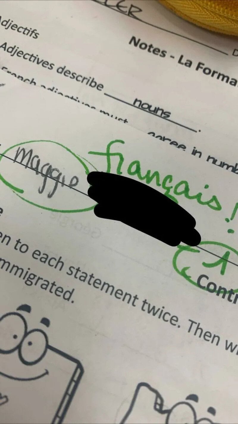 Handwritten notes with 'français' circled and a blacked-out word.