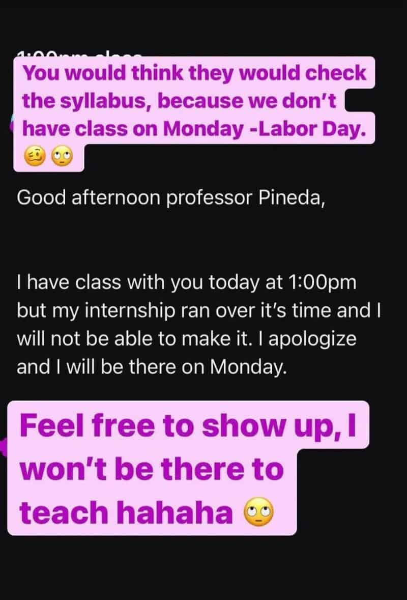 Text message about class schedule and internship, with emojis, on a purple background.