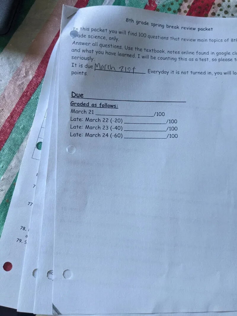 Classroom homework sheet with grades and dates, titled '8th grade spring break review packet'.