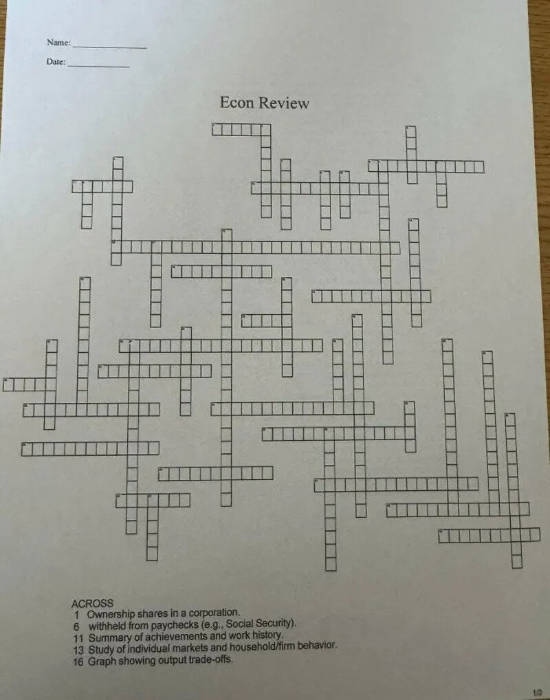 Crossword puzzle titled 'Econ Review' with various words and clues.