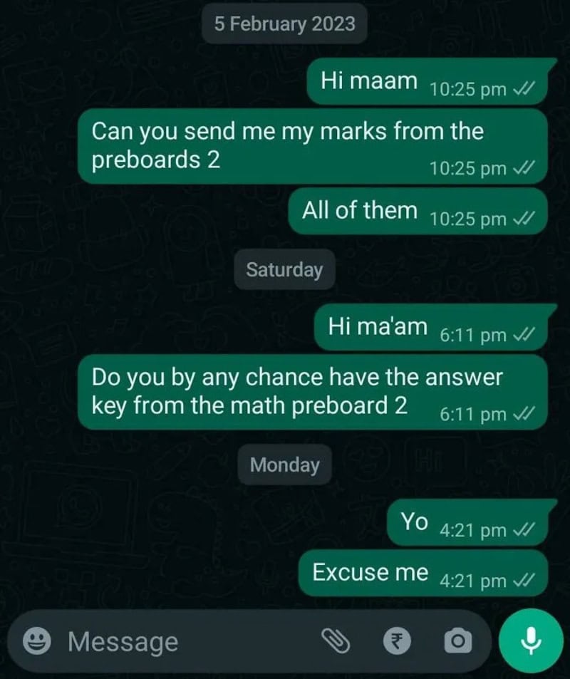 WhatsApp chat showing a student asking for exam marks and an answer key from a teacher.