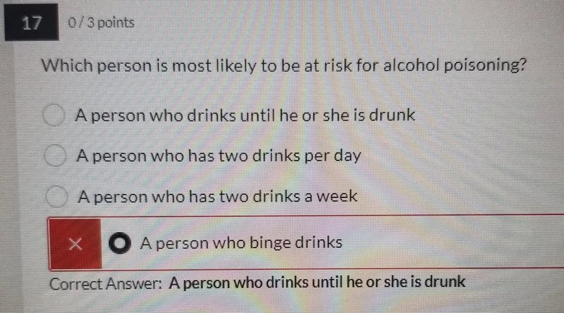 Multiple choice question about alcohol poisoning risk with answer marked wrong.