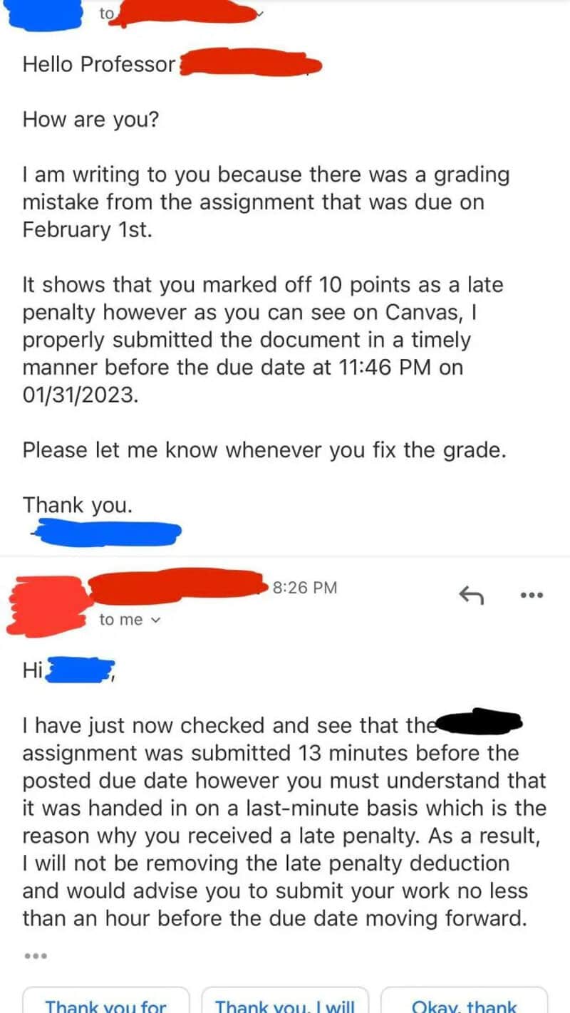Student's graded assignment with a late penalty note and teacher's response.