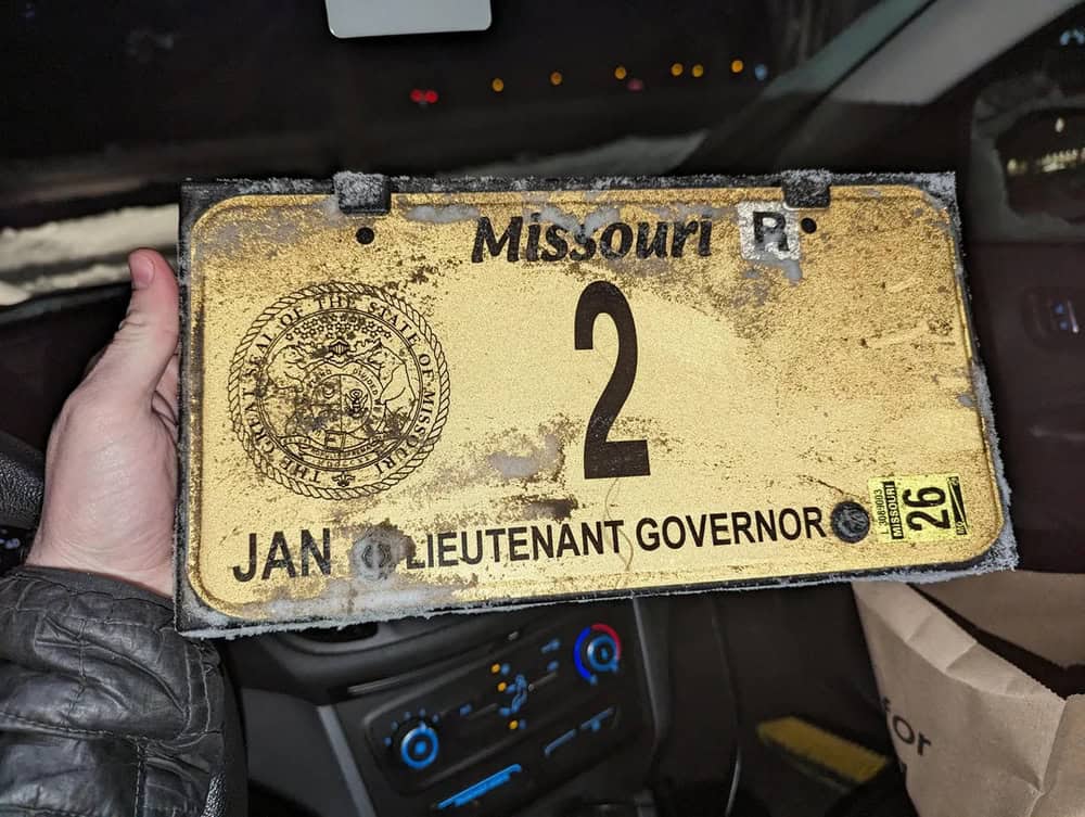 Missouri license plate with the number 2, January, Lieutenant Governor, and a state seal.
