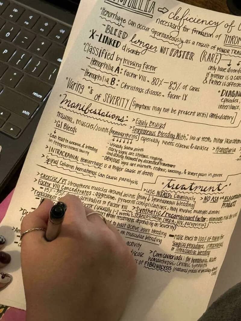 Handwriting notes on a paper about medical conditions and symptoms.