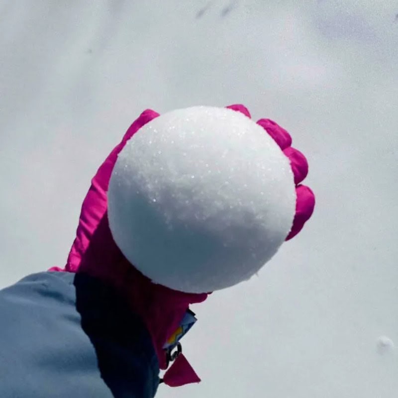 Person holding a snowball in pink gloves against a snowy background.