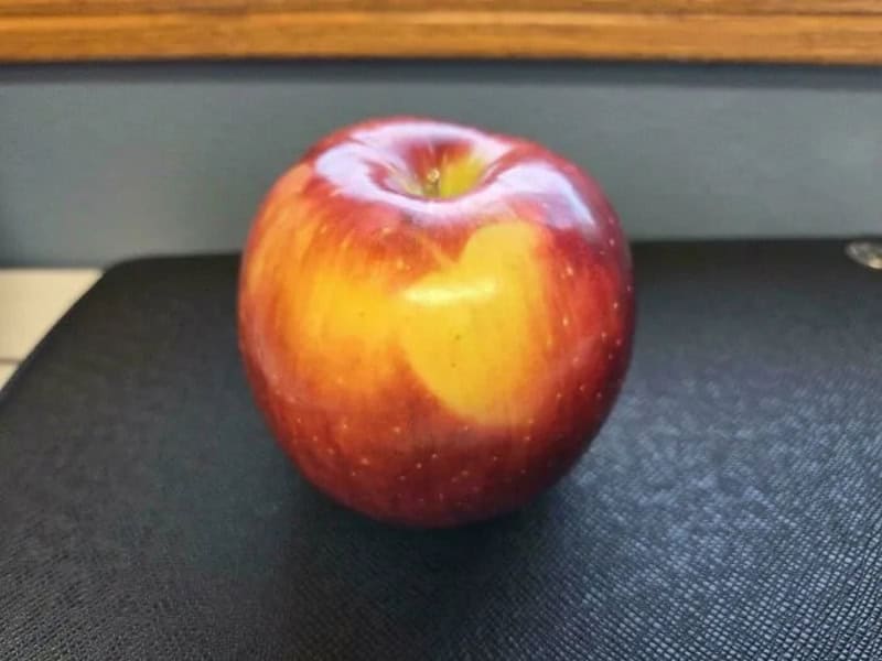 Fresh red and yellow apple on black surface with gray background.