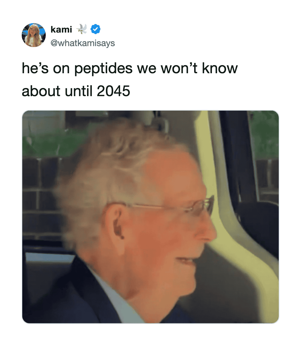 Mitch McConnell smiling on a bus, with a tweet about peptides and the year 2045.
