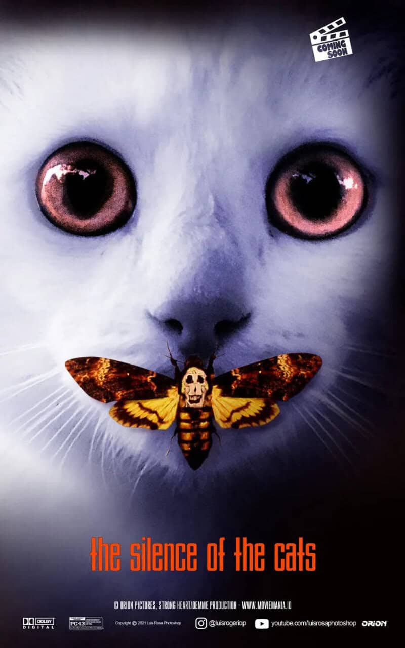 Close-up of a white cat's face with a moth in its mouth, movie poster style.
