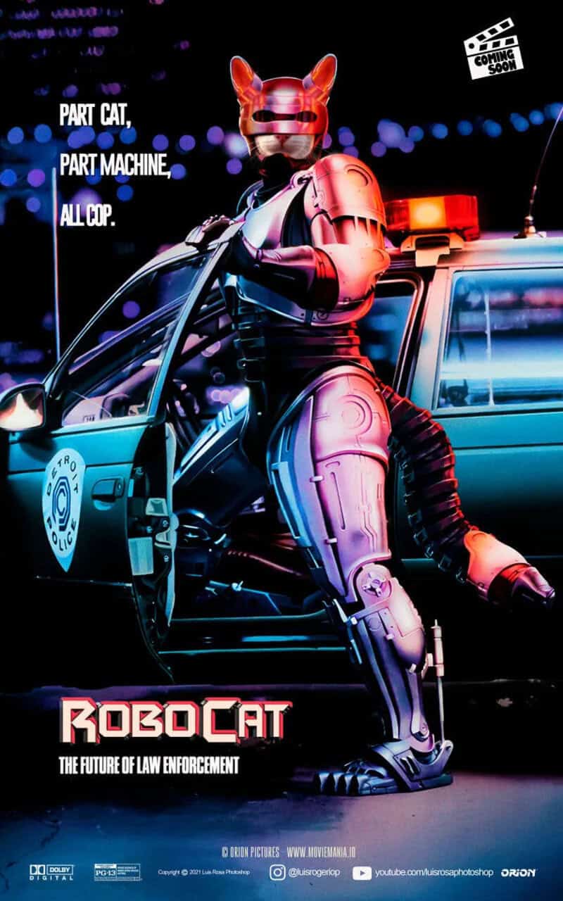 Robocat in futuristic police uniform with neon lights, police car, and city background.