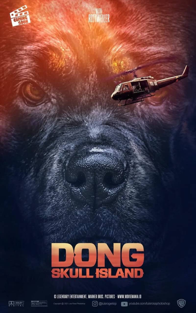 Poster for 'Dong Skull Island' featuring a dog's face and a helicopter.