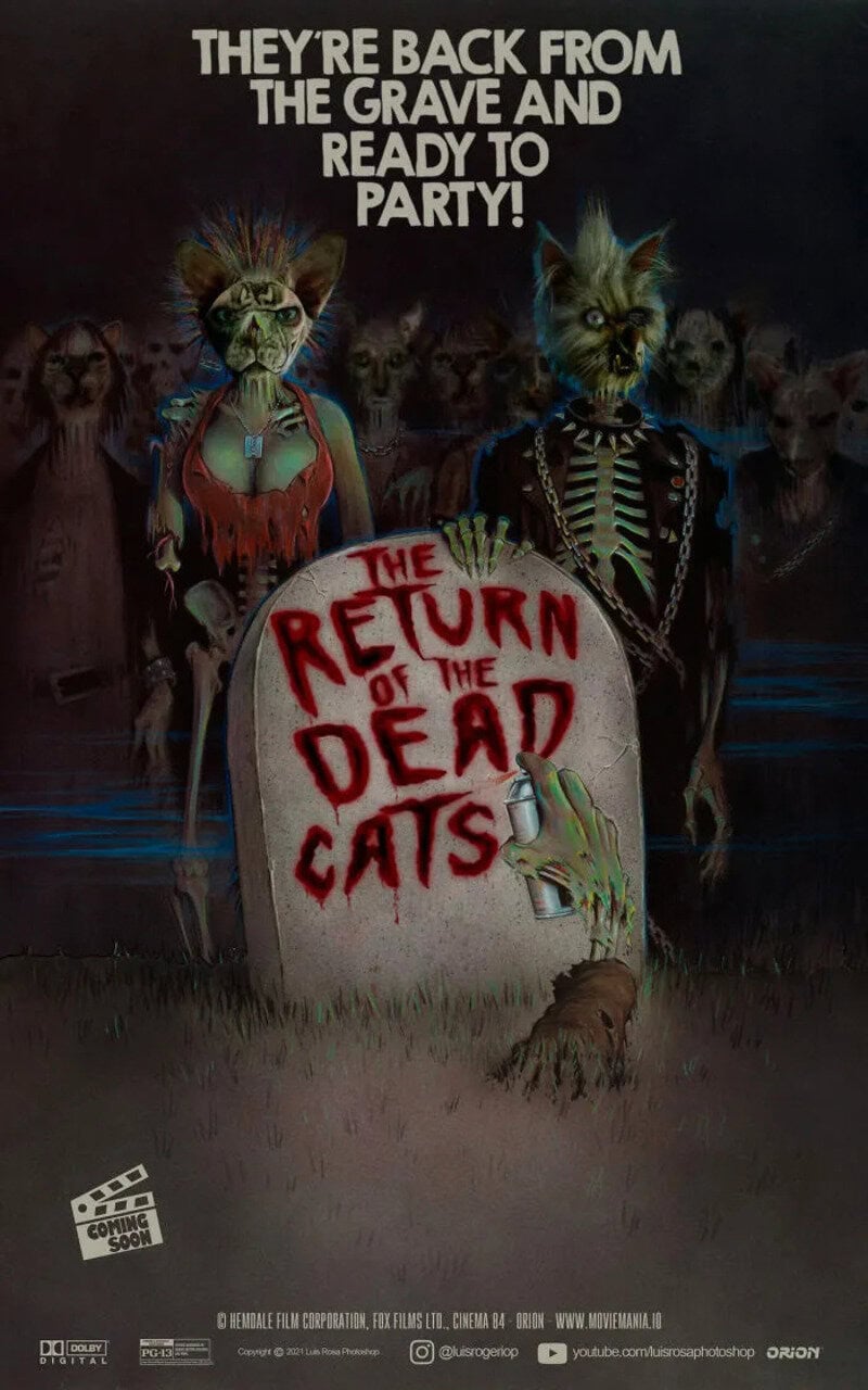 Movie poster for 'The Return of the Dead Cats' with zombie cats in costumes.