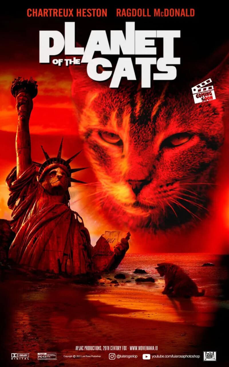 Movie poster for 'Planet of the Cats' with a large cat face, Statue of Liberty, and a red sunset.