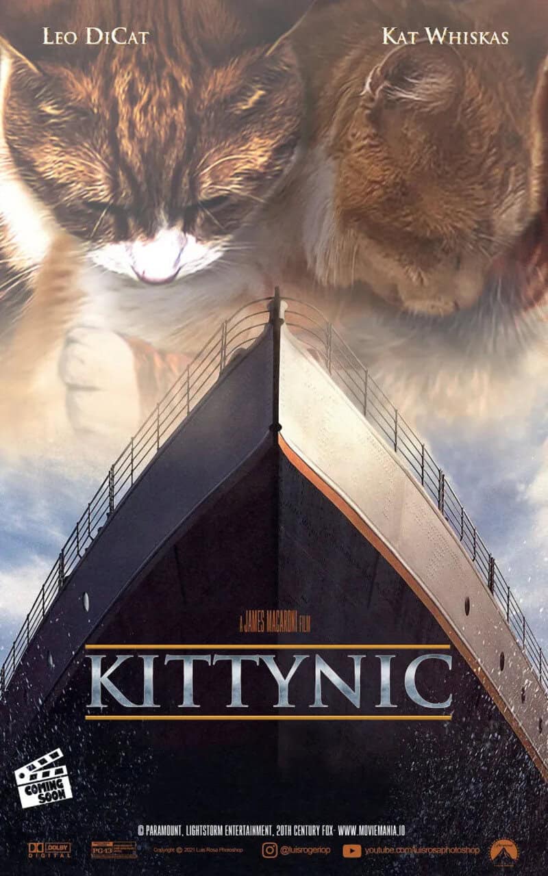 Movie poster for 'Kittynic' featuring two cats and a ship.