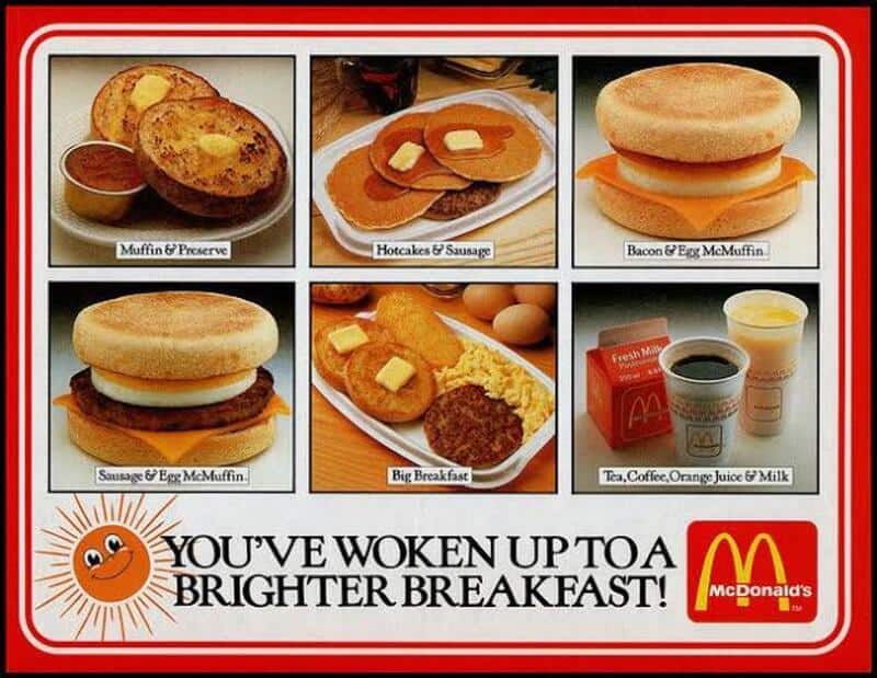 Vintage McDonald's breakfast menu with muffins, hotcakes, sausage, bacon, eggs, and drinks.