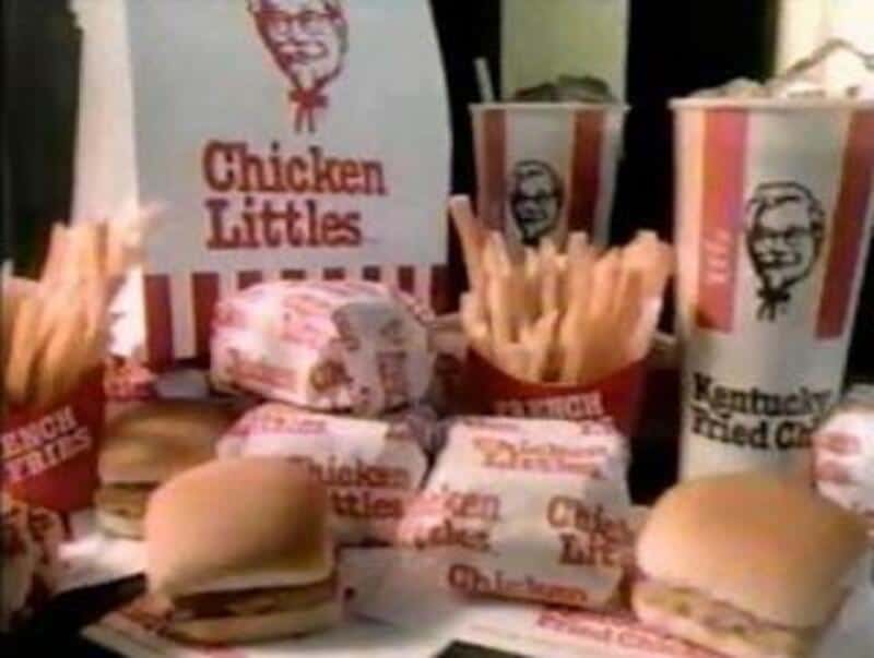 KFC Chicken Littles meal with fries, biscuits, and drinks from the 80s or 90s.