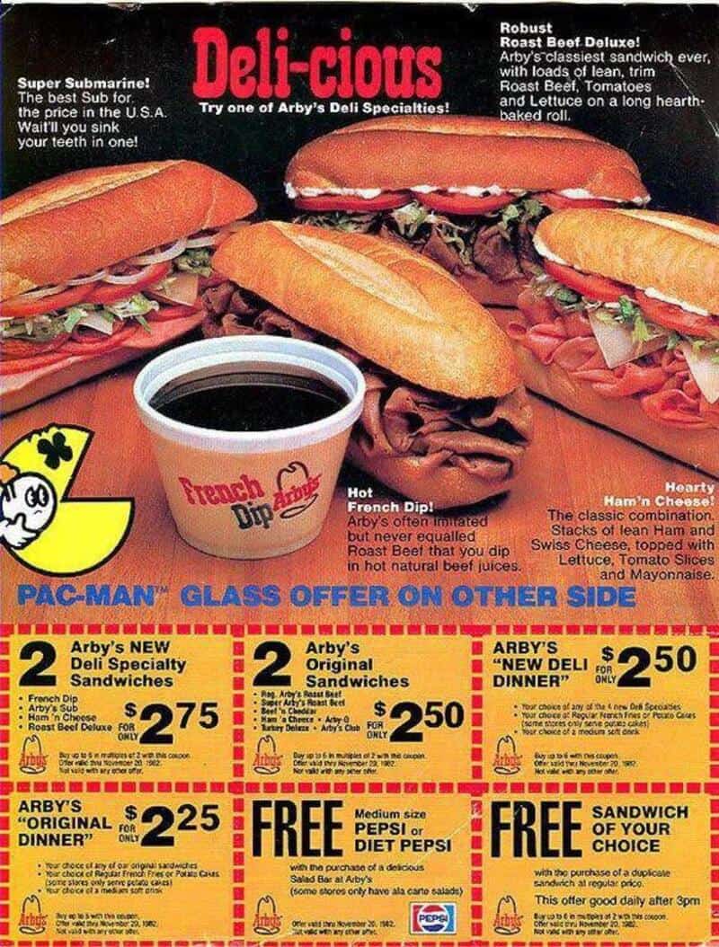 Vintage Arby's menu with sandwiches, fries, and a Pepsi, from the 80s or 90s.