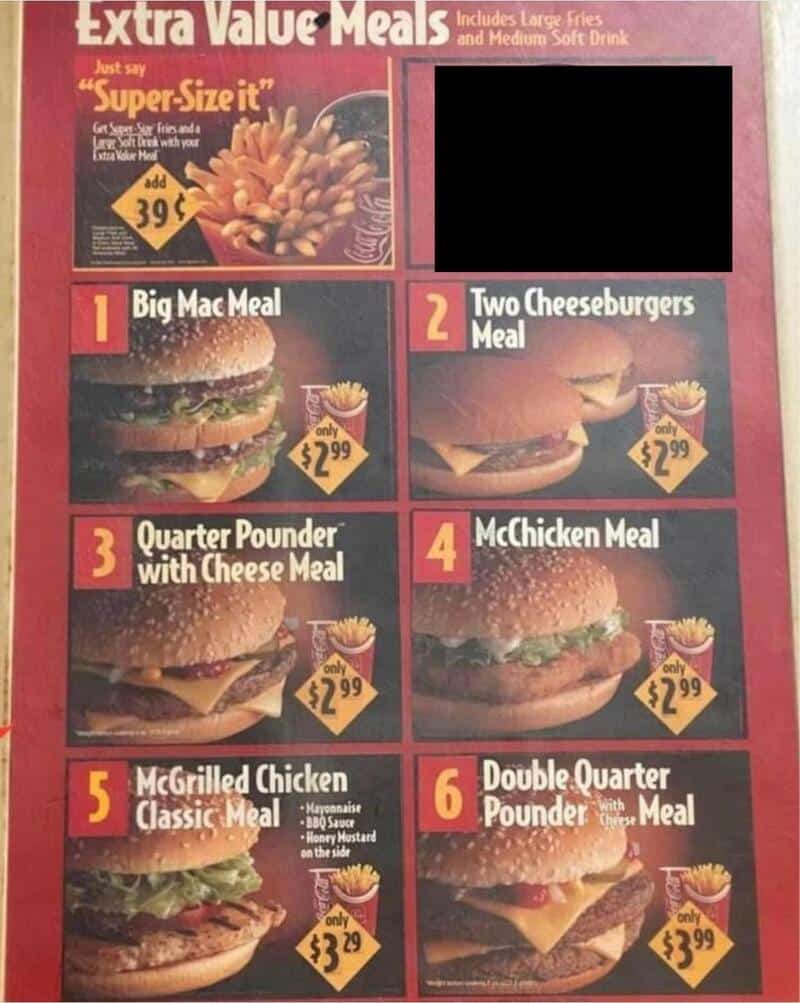 Menu with fast food options from the 80s or 90s, including burgers, fries, and meal deals.