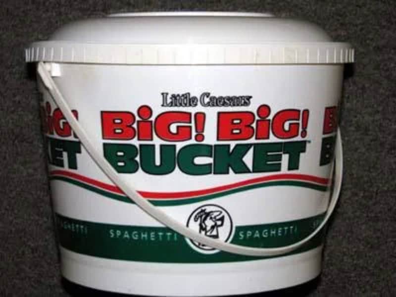 Little Caesars Big! Big! Bucket with handle, white with red and green text.