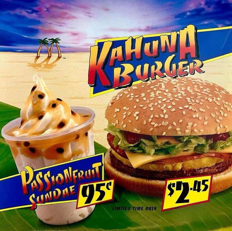 Kahuna Burger with Passion Fruit Sundae on a beach background.