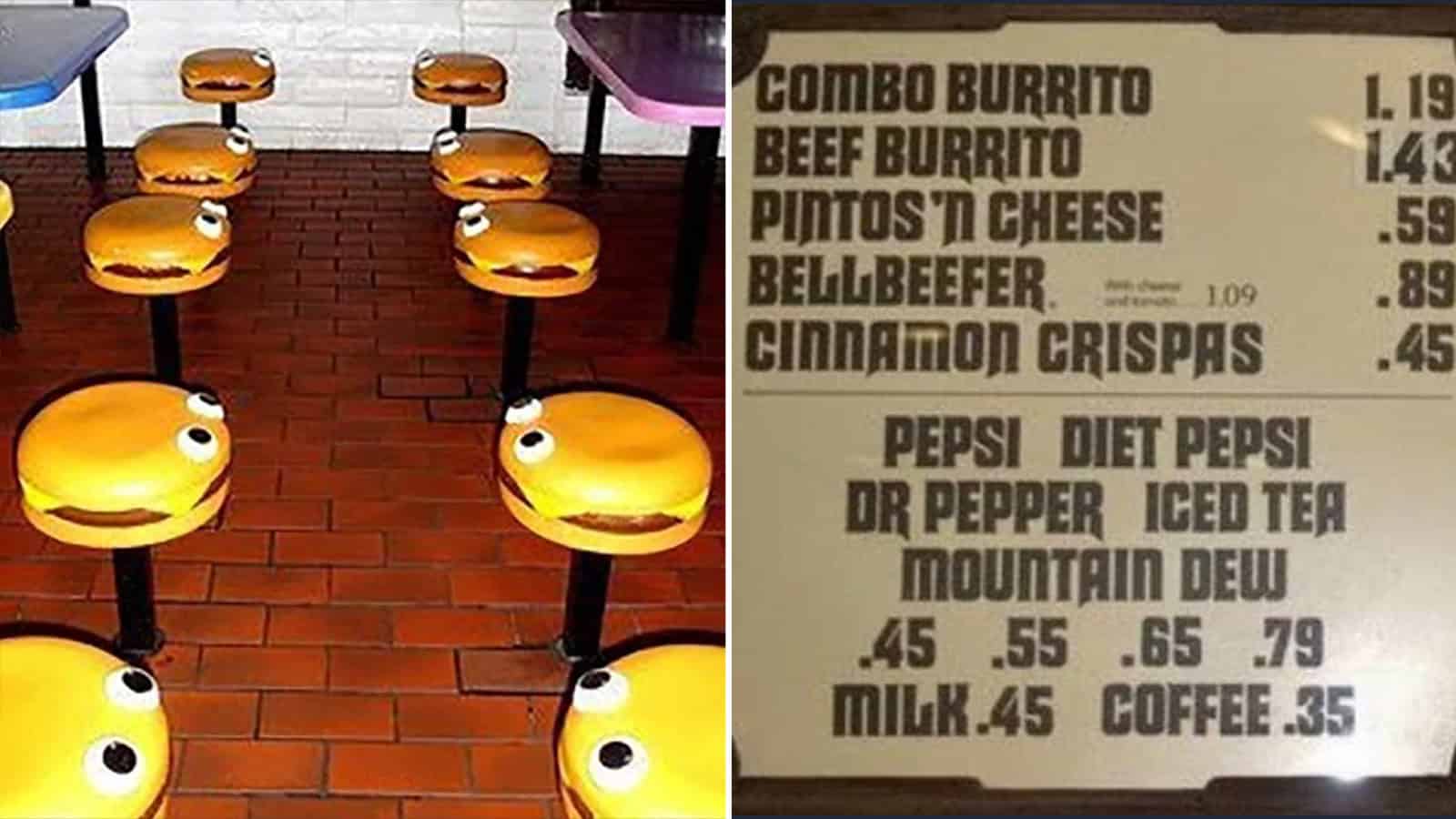 Retro fast-food restaurant seating with yellow smiley face stools and a menu board.