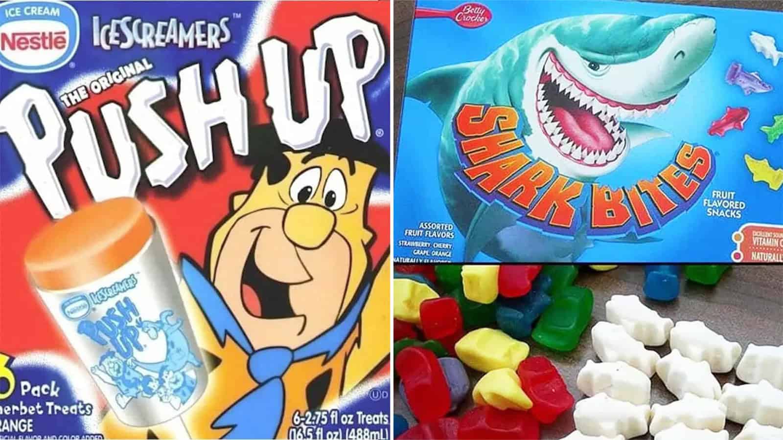 Images of nostalgic 90s and 2000s snacks including Push Up ice cream, Shark Bites, and gummy candies.