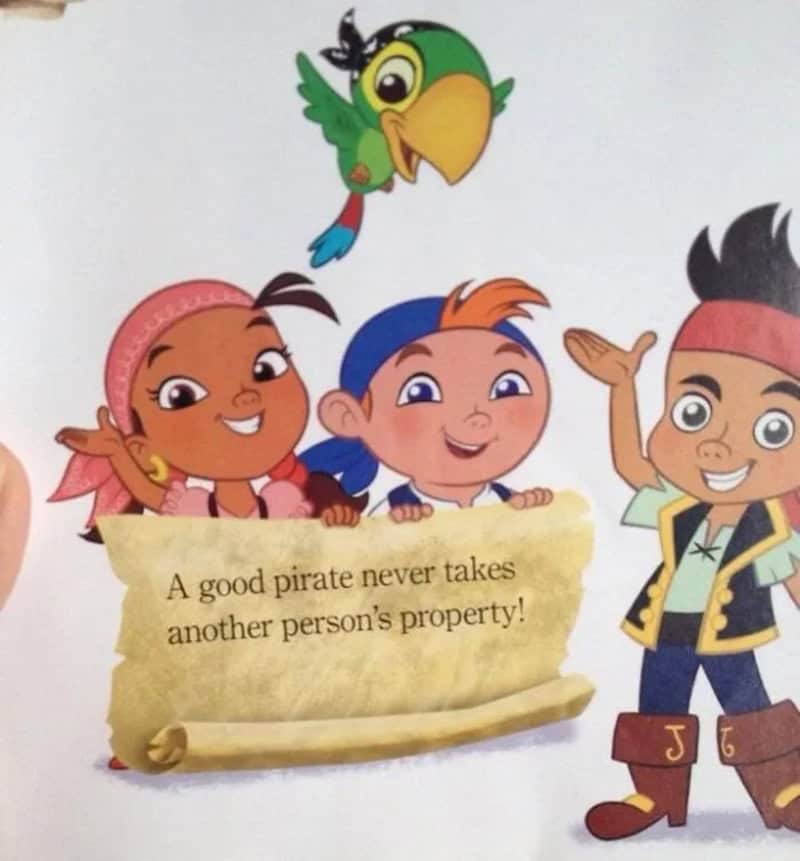 Cartoon pirates and a parrot with a quote about property.