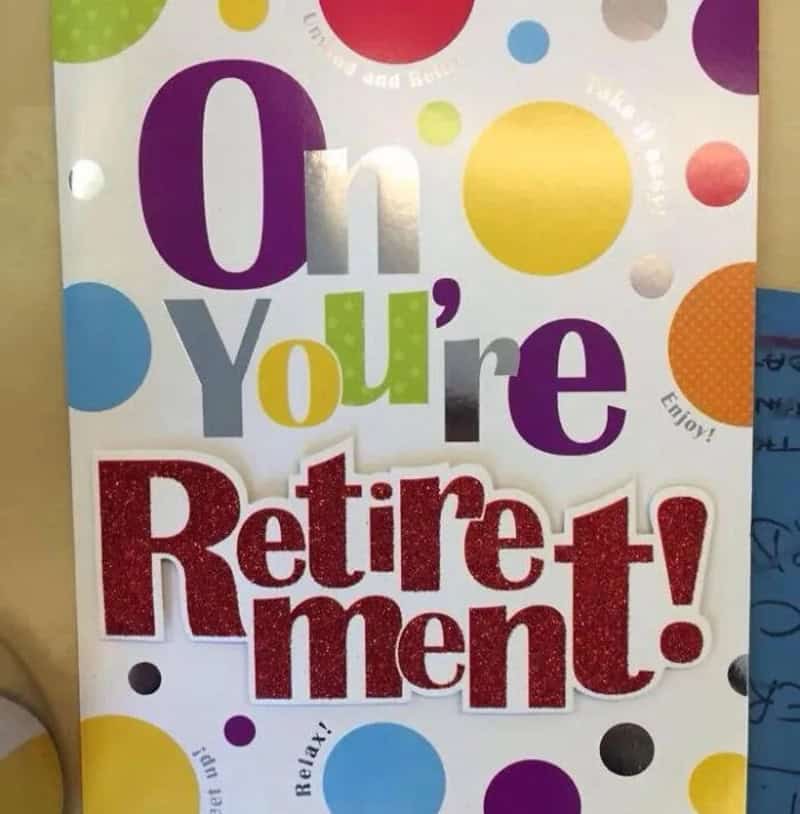 Colorful retirement celebration poster with the message 'You're Retirement!'.