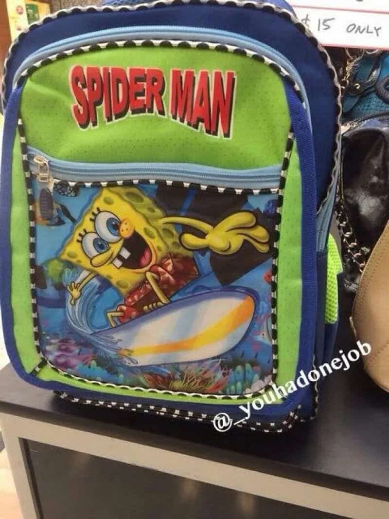 SpongeBob SquarePants backpack with Spider-Man logo on top, colorful design, and front pocket.
