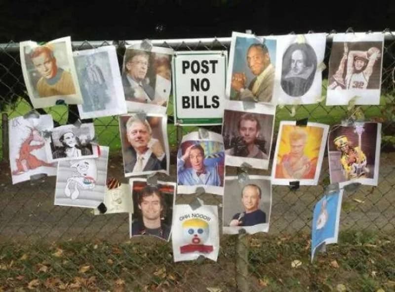 Photos of various people and a sign that says 'POST NO BILLS' on a fence.