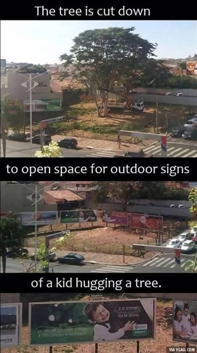 The tree is cut down to open space for outdoor signs of a kid hugging a tree.