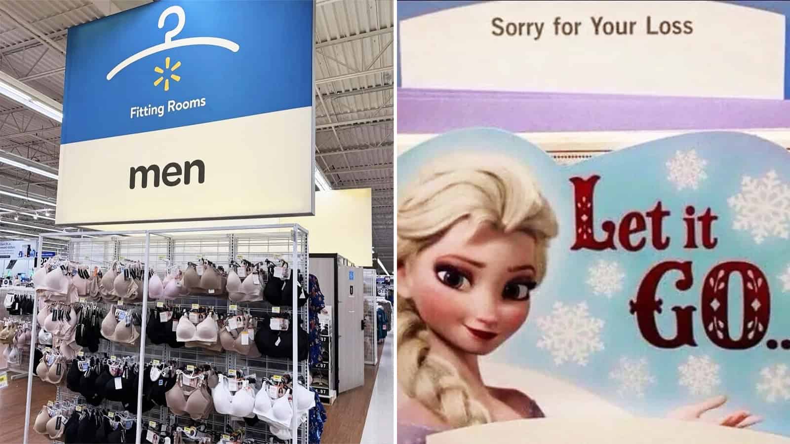Men's fitting room sign above a display of bras and underwear.