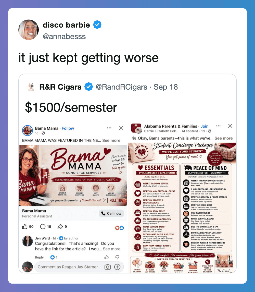 Screenshot of social media posts about college costs and support for moms.