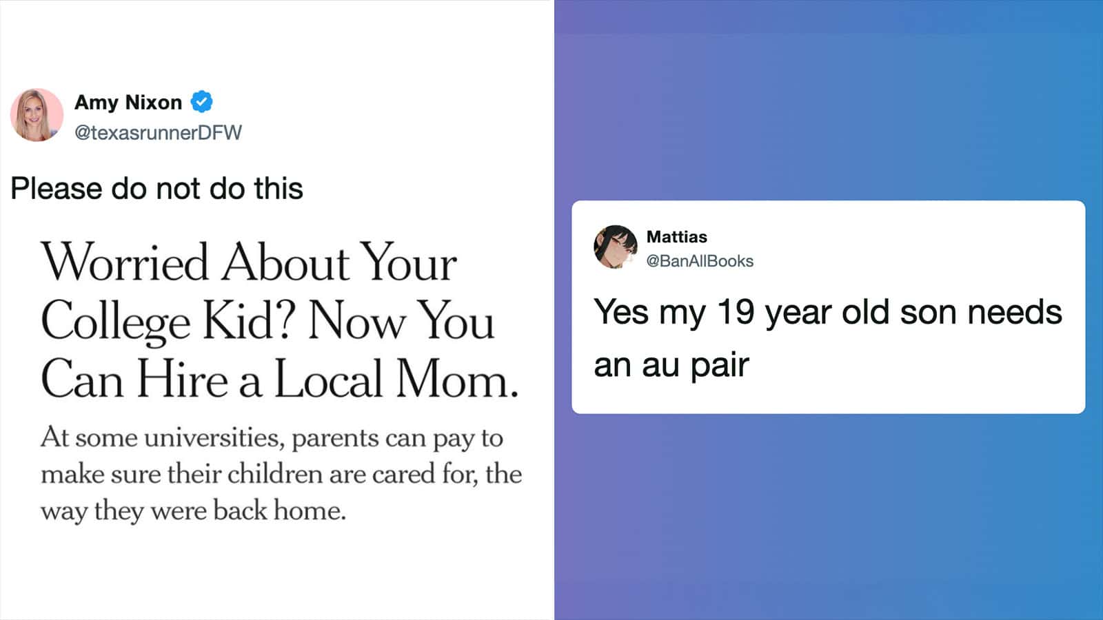 Twitter post about hiring local moms to look after college kids.
