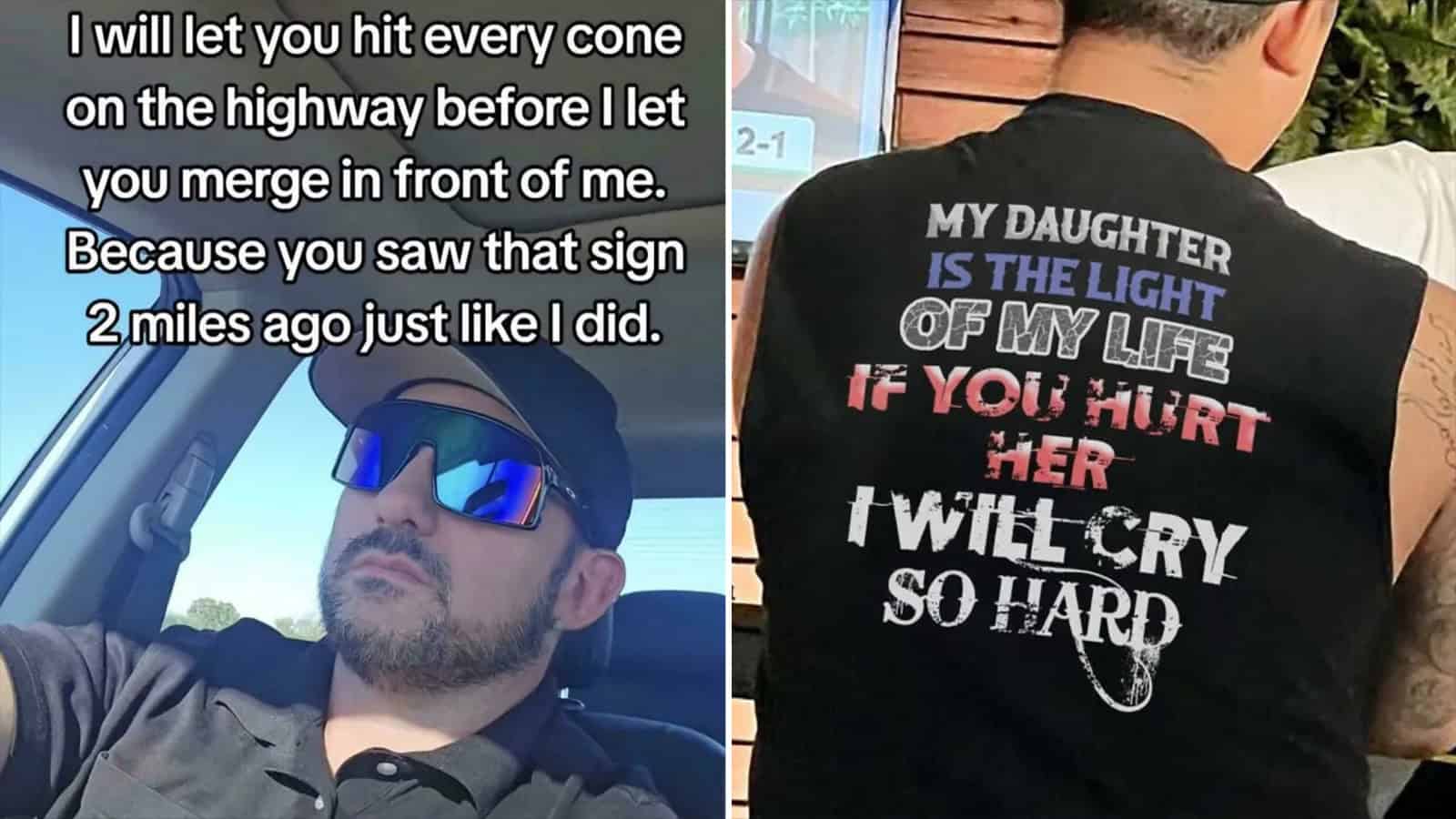 Man in sunglasses with text overlay about hitting cones on highway.