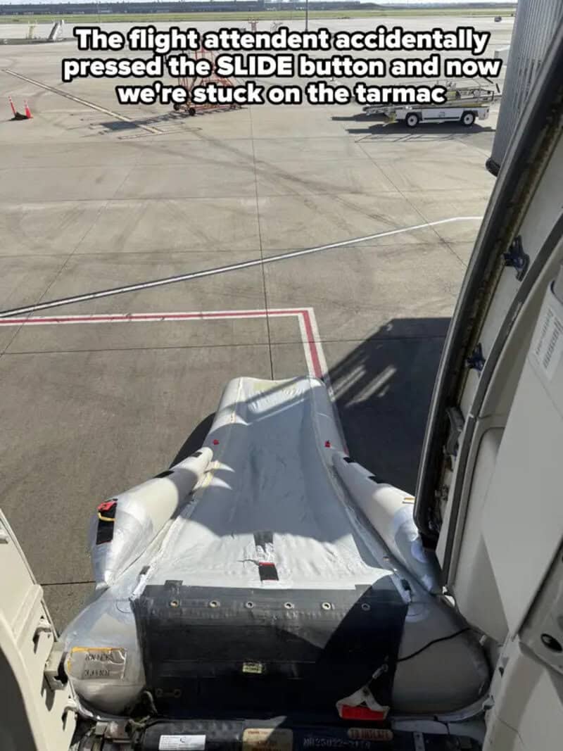 Flight attendant pressed the slide button, stuck on the tarmac.